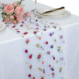 Ivory Floral Gauze Table Runner 10FT Embroidery Daisy Spring Summer Seasonal Table Runner Chiffon Lace Tulle Table Decor for Home Dining Wedding Party Decorations