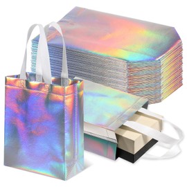 JJUNW 30 pcs Iridescent Gift Bags, Non-woven Reusable Party Bags with Handles 10x8,6x4 in Stylish Holographic Goodie Bag Party Favor Handbag for Birthday Weddings Holiday Shopping