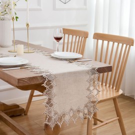 LIGICKY Linen Table Runner Neutral Lace Table Runners 72 Inches Long Beige and Tan Embroidered Runner for Dresser Top Spring Summer Wedding Home Dining Table Decorations 16x72 inch