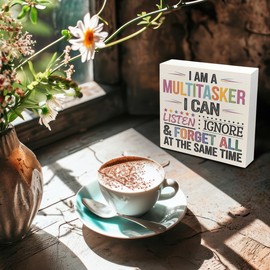 Kneaotoaji Funny Office Wooden Sign - Retro Office Decor, Funny Gifts for Women Men, I Am a Multitasker I Can Listen Ignores & Forgets All at the Same Time Home Tabletop Shelf Desk Decor 5x5 Inch