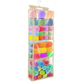 Hanging Yarn Storage with 4 Large Pockets, Clear Knitting Organizer Storage with Zippers for Crochet Lovers, Hanging Yarn Holder with Over-Door Hooks for Knitting Needles Crochet Hooks(Khaki)