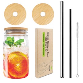 Mason Jar Lids with Straw Hole, CNVOILA ECO Reusable Bamboo Mason Jar Lids for Regular Mouth Mason Jar with 2 Reusable Stainless Steel Straw