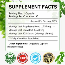 OMOGS Moringa Capsules, Pure Moringa Oleifera Leaf Powder Supplement, Rich Inantioxidants Minerals & Vitamins, for Energy, Metabolism, Immunity & Sleep, Non-GMO, 90 Veg Capsules