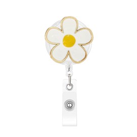 White Flower Badge Reel Retractable,Gold Edges with Yellow Center Designs | Cute ID Card Badge Holder Acrylic Alligator Clip Badge Reels for Nurse Teacher Office Workers
