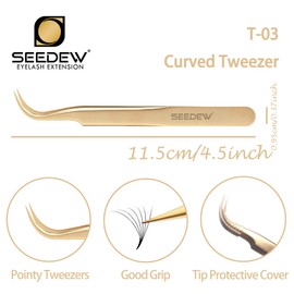 SEEDEW Tweezer Eyelash Extensions 1 PCS Stainless Steel Curved Pointy Tweezer Isolation Professional Precision Supplies False Fake Lash Application Tools for Lash Tech, Lash Artist Beginner(Golden)