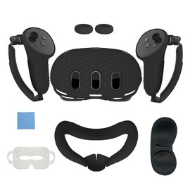 PUOSUO Silicone Cover Set Compatible with Oculus/Meta Quest 3, VR Accessories Protective Cover Includes Controller Grips, Front Shell Headset Cover and Face Cover (Black)