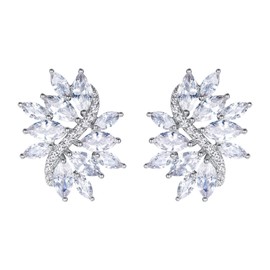 EVER FAITH Women's Cubic Zirconia Elegant Bridal Floral Leaf Pierced Stud Earrings Clear Silver-Tone