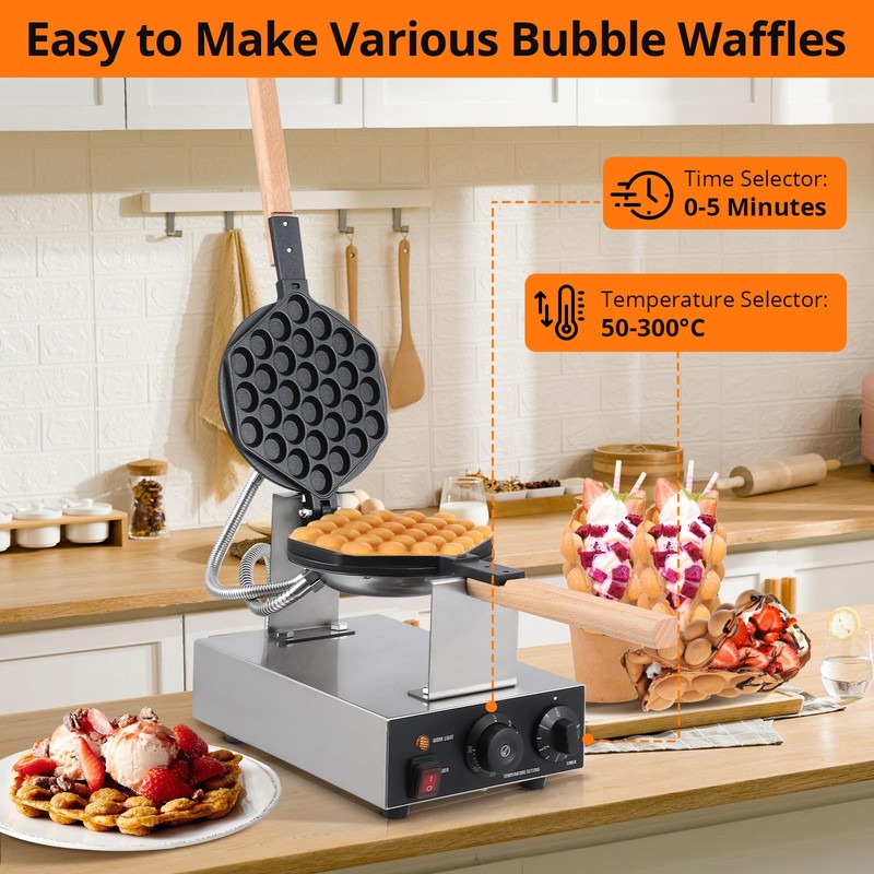 Electric Bubble Waffle Maker, 2800W Round Waffle Iron Bubble Waffle