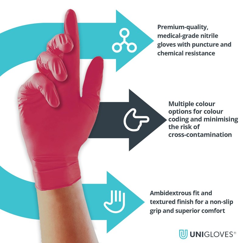 UNIGLOVES Pearl GP0062 Nitrile Examination Gloves, Red, Small (Pack of