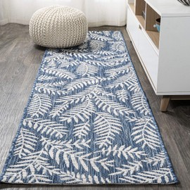 JONATHAN Y SMB119B-210 Nevis Palm Frond Indoor Outdoor Area-Rug Coastal Floral Easy-Cleaning Bedroom Kitchen Backyard Patio Non Shedding, 2 X 10, Navy/Ivory