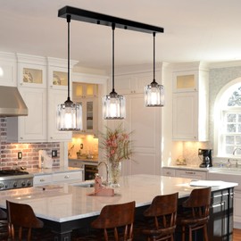 3-Lights Black Hanging Ceiling Light Mini Chandelier, Adjustable Farmhouse Pendant Ceiling Lights Fixtures, Crystal Hanging Lamps for Kitchen Island, Dining Room, Hallway, Black Metal Hanging Lights