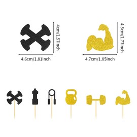 GYM Cupcake Topper, Fitness Theme Cupcake Topper, Black Gold Glitter Kettlebells, Barbells Dumbbells Workout Cupcake Topper for Fitness Theme Party