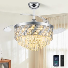 TXCSLY 42" Fandelier Ceiling Fan with Light, Crystal Chandelier Fan with Retractable Blades LED Dimmable Retractable Ceiling Fan Chandelier for Bedroom Living Room Dining Room-Chrome