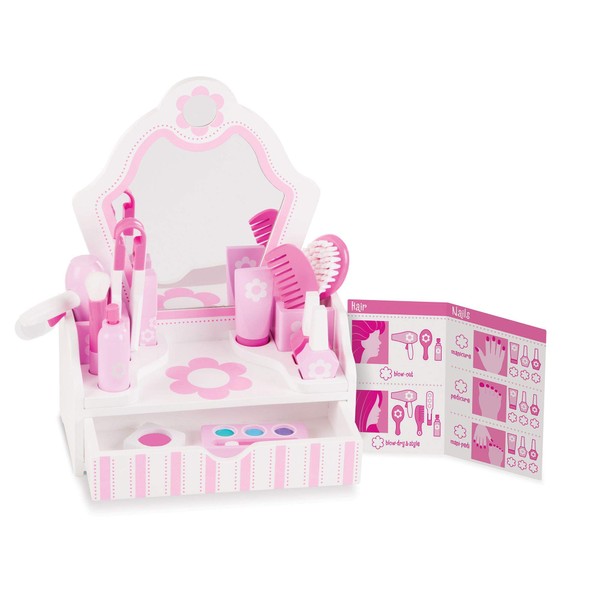 Melissa & Doug Wooden Beauty Salon Play Set - The Original (Vanity & Accessories, 18 Pieces, 15.5" H x 12" W x 6" L, Great Gift for Girls and Boys - Kids Toy Best for 3, 4, 5 Year Olds and Up)