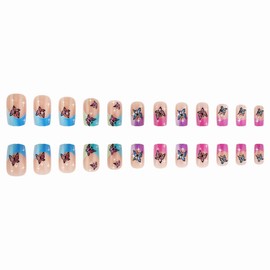 MERVF Square Press on Nails Medium Fake Nails Colorful Ombre French Tip Glue ons Butterfly Design Squoval Dopamine Acrylic False Nails 24pcs Glossy