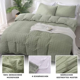 Boqingzhu Seersucker Bed Linen Green 135 x 200 cm Sage Green Summer Breathable Cooling Reversible Summer Bedding Set Modern Striped Duvet Cover 135 x 200 cm and Pillowcase 80 x 80 cm with Zip