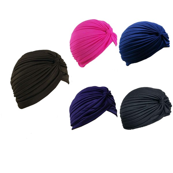 5 Women Stretchy Turban Chemo Cap Bennie Head Wrap Headwear, 5 Dk, One Size