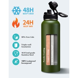 Stainless Steel Sports Water Bottle - 32/40/64 Oz Insulated Water Jug with Straw & Auto Spout Lid, Paracord Handle, Bottle Sleeve, Cold 48H Hot 24H, Sweat-Proof Tactical Flask for Hiking, Army Green
