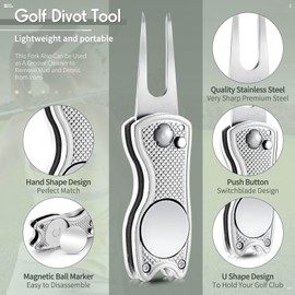 Skylety 4 Pieces Golf Divot Repair Tool with Magnetic Button Ball Marker Divot Tool Stainless Steel Foldable Switchblade Golf Green Divot Tool for Golfers Golf Prizes(Silver)