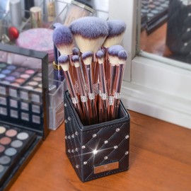 LORYP Makeup Brush Holder Crystal Brushes Cup Black PU Make up Brush Case Bag Storage for Women (Black)