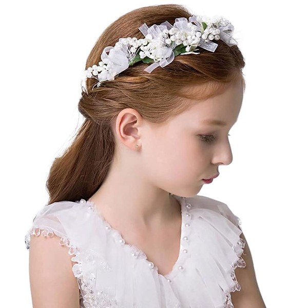 Campsis Cute Princess Wedding Headpiece Flower Wedding Hair Accessories Pearl Rhinestone Headband Bridal Wedding Tiaras for Flower Girl and Women.(White)