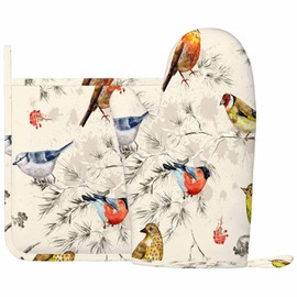 Mxocom Bullfinch Snowbird Tit Woodpecker Silicone Oven Mitts and Pot Holders Sets Bright Birds on Branches with Flowers BBQ Gloves for Kitchen,Cooking,Baking,Grilling