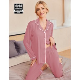 Ekouaer Womens Pajama Sets Long Sleeve Sleepwear Soft Button Down Loungewear Pjs Lounge Set Nightwear,Purple Red,Small