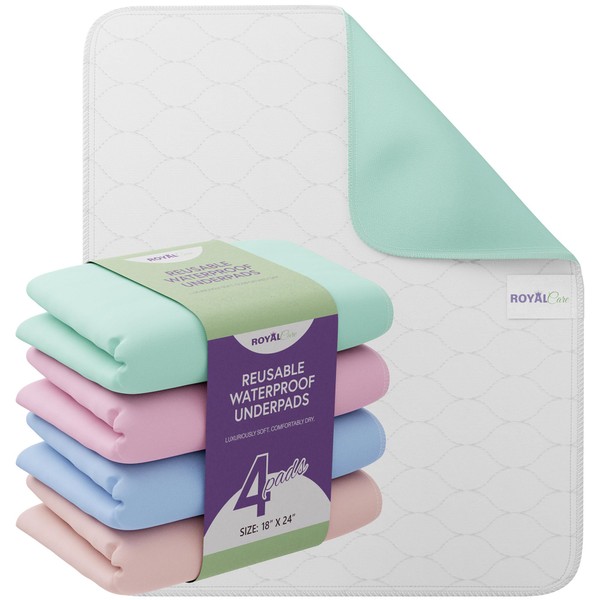 Incontinence Bed Pads - 4 Pack 18” x 24” Reusable Waterproof Mattress Protectors - Highly Absorbent, Machine Washable - for Children, Pets and Seniors - Assorted Colors - Royal Care