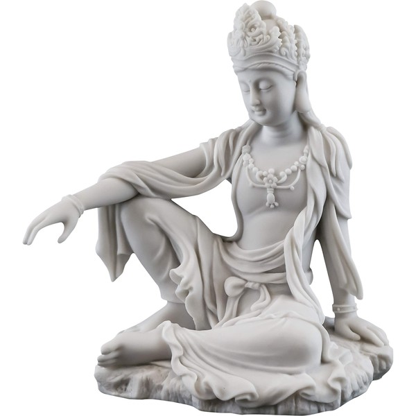 Top Collection Water & Moon Quan Yin Royal Ease Pose Statue- Buddhist Kwan Yin Goddess of Compassion and Mercy Sculpture in White Marble Finish - 7.25-Inch Collectible Figurine