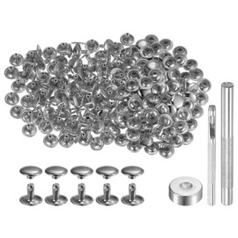 sourcing map 100 Sets Leather Rivets 8 x 10mm Metal Double Cap Rivet Snaps Studs Fasteners with 3pcs Setting Tools Rivets for Leather Craft DIY Repair Decoration, Silver Tone