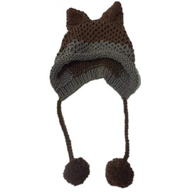 SUNONE11 Fox Ears Beanie Winter Warm Handmade Knitting Pompom Patchwork Crochet Headpiece Cap, Brown Gray, Small