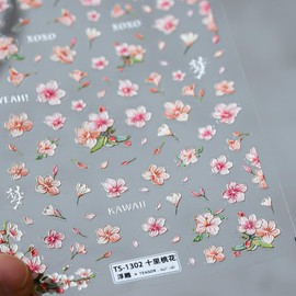 Flower Nail Art Stickers Decals Peach Flowers Nail Stickers 1PCS Pink Blossom Floral Leaf Spring Nails Design 5D Embossed Nail Decals Self-Adhesive Flower Stickers for Nails Women Manicure Decorations