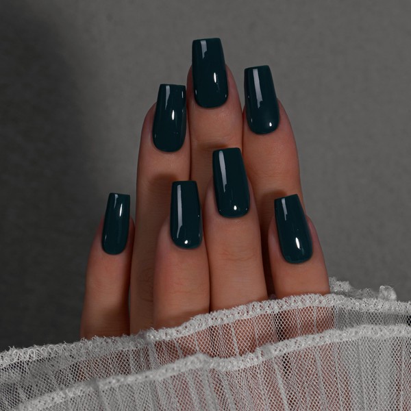 KQueenest Black Press On Nails Long Square - Acrylic Press