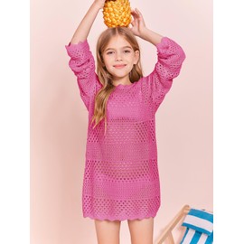 Batermoon Girls Crochet Long Sleeve Swimsuit Cover Up Kids Fashion Hollow Out Swimwear Beach Dress 5-14 Years