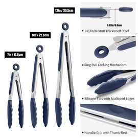 Doosu Kitchen Tongs for Cooking - 600°F Heat Resistant Food Tong Set with Non-Scratch Silicone Tips, Heavy Duty Stainless Steel Locking Tong for BBQ, Grilling Steak, Serving (7+9+12in, Navy Blue)