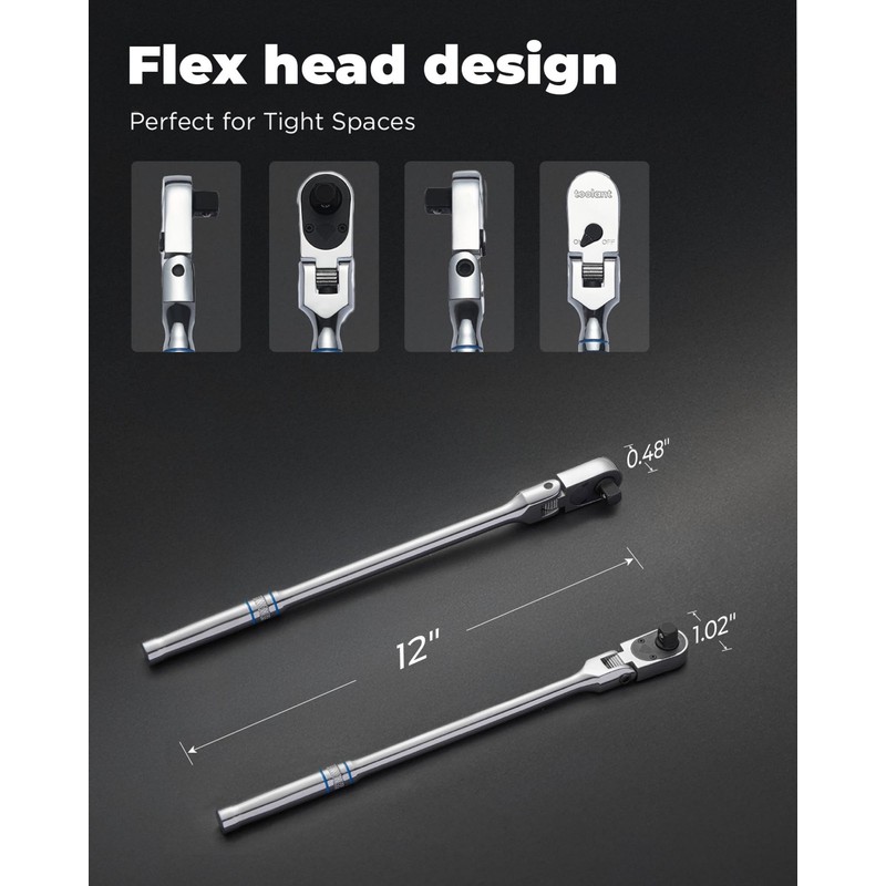 toolant 3/8" Drive Flex Head Ratchet Wrenches, 90 Tooth Compact