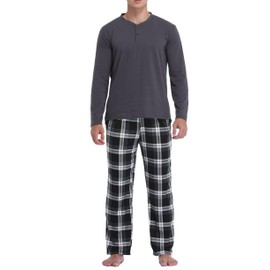 Vlazom Men's Pajamas Set Long Sleeves Soft Pj Top and Plaid Pants for Sleepwear Loungewear with Pockets,A-Black Plaid & Dark Grey,S