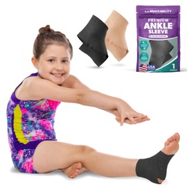 BraceAbility Elastic Ankle Support Brace - Youth Slip on Foot and Ankle Compression Sleeve for Gymnastics, Dance, Kids, Sports, Running, and Sprained Ankle Swelling for Boys and Girls (S - Black)