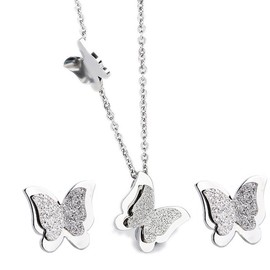 Kim Johanson Women's Jewellery Set Butterfly Stainless Steel in Silver Necklace with Pendant and Earrings Including Jewellery Case, Stainless Steel