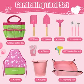 Stanew Kids Garden Tool Set, Childrens Gardening Kit Shovel Rake Trovel Gloves Apron with Bag and Apron, Garden Toys for kids, Pink