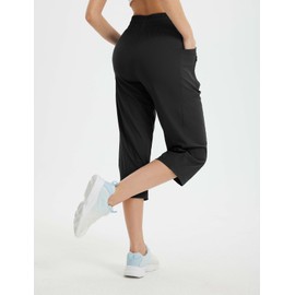 baleaf Women's Athletic Capri Pants Lightweight Quick Dry Stretch Zipper Pocket Travel Casual Outdoor UPF 50+ Black L