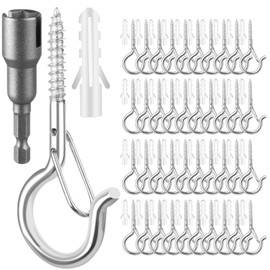 FSAH 48 PCS Q-Hanger Hooks, Screw Hooks for Outdoor String Lights, Safety Buckle Design Cup Eye Hook for Hanging Christmas Lights, Plants, Mounted on Wall Ceiling, Include 1 Wing Nut Driver, Silver