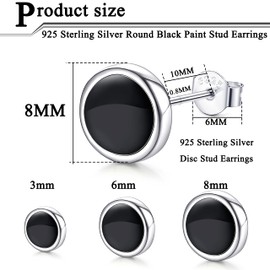JeweBella Sterling Silver Round Black Paint Stud Earrings for Men Women 925 Sterling Silver Post Hypoallergenic Classic Round Black Piercings Earrings 3/6/8MM