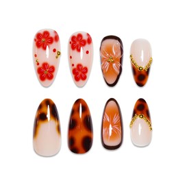 Tortoiseshell Leopard French Tip Press on Nails Medium Almond Fake Nails with 3D Flower Blossom Gradient Design Gold Bead Stick on Nail Fall Winter Handmade Acrylic False Nails for Women 24Pcs