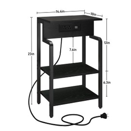 Side Table, LED End Table with Charger Station, Small Bedside Table with Adjustable Shelf, Nightstand with 3-Tier Storage Shelves, Small End Table for Small Spaces, Living Room, Bedroom (Black)