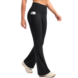 SANTINY Fleece Lined Flare Leggings Women 28.5/30.5/32 Water Resistant Winter Bell Bottom Hiking Yoga Pants with Pockets（Black_28.5XXL）