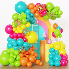 Tropical Balloons Arch kit, 129Pcs Hawaiian Summer Party Balloons Different Size with Hot Pink Green Orange Yellow Teal Blue for Tropical Hawaiian Party Decorations