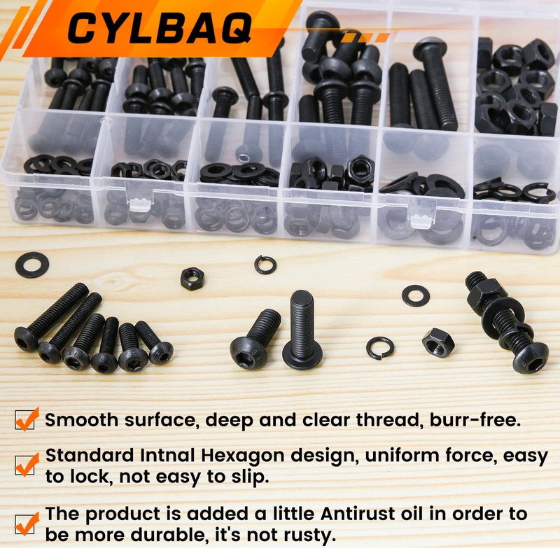 Nuts and Bolts Set M5 M6 M8, CYLBAQ Black Hex