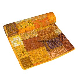 DecorAvenue Patchwork Kantha Quilt,Throw, Handmade Silk Bed Cover,Bedding Bedspread,Vintage Hand Stitch Gudri, Decorative Beach Blanket (Yellow, Baby 40" x 60")