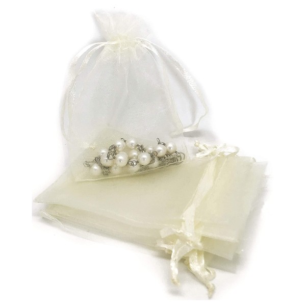 TheDisplayGuys 100-Pack 3x4 Cream/Beige Sheer Organza Gift Bags with Drawstring, Jewelry Candy Treat Wedding Party Favors Mesh Pouch